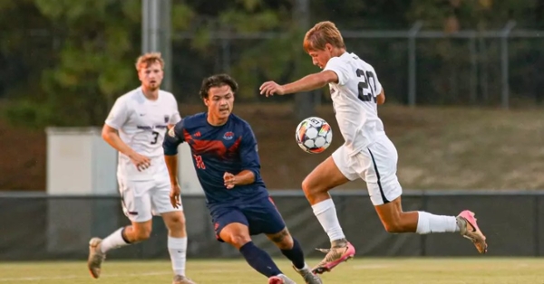 Knights men's soccer plays a match against the Shorter University Hawks.